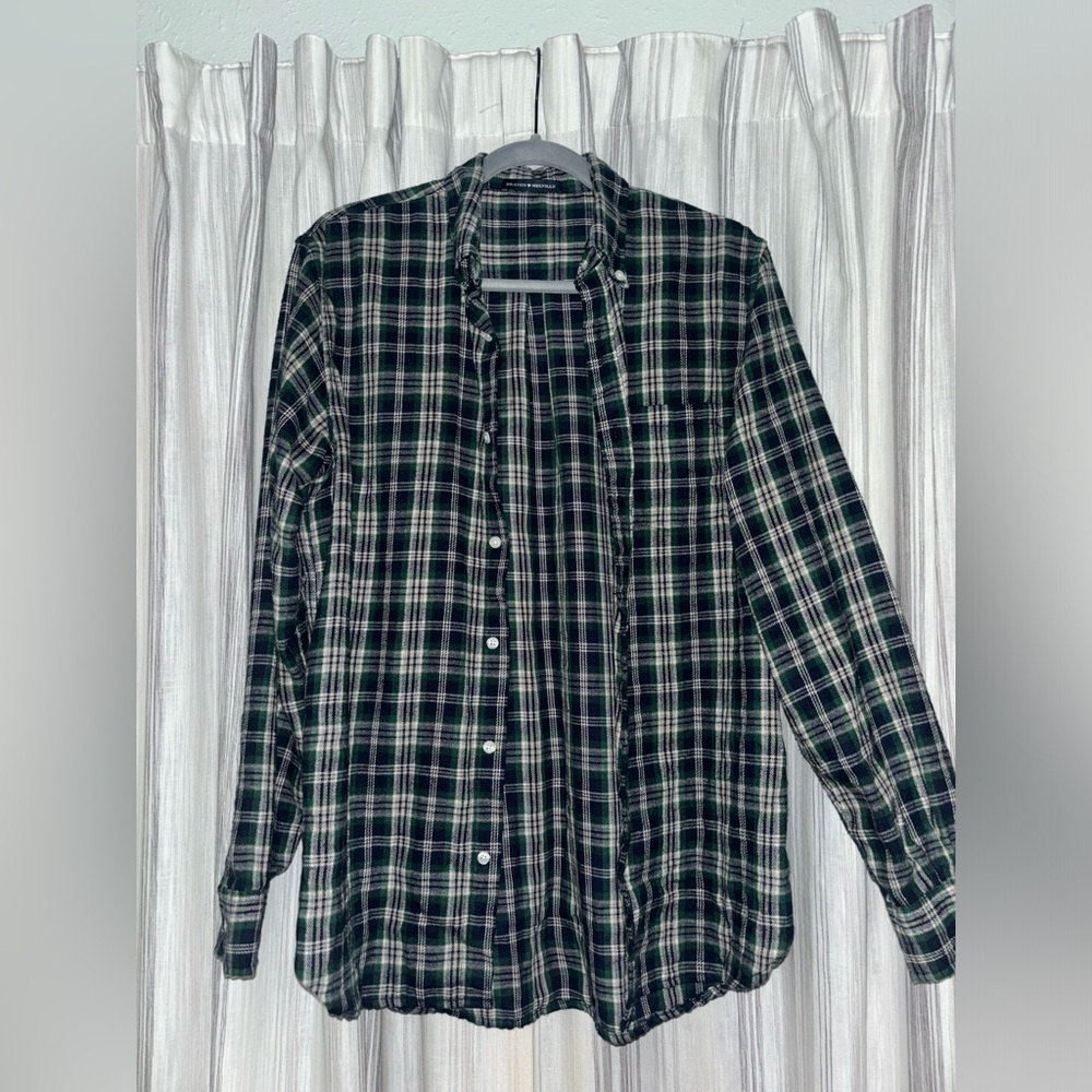 Brandy Melville Navy and Green Plaid Shirt